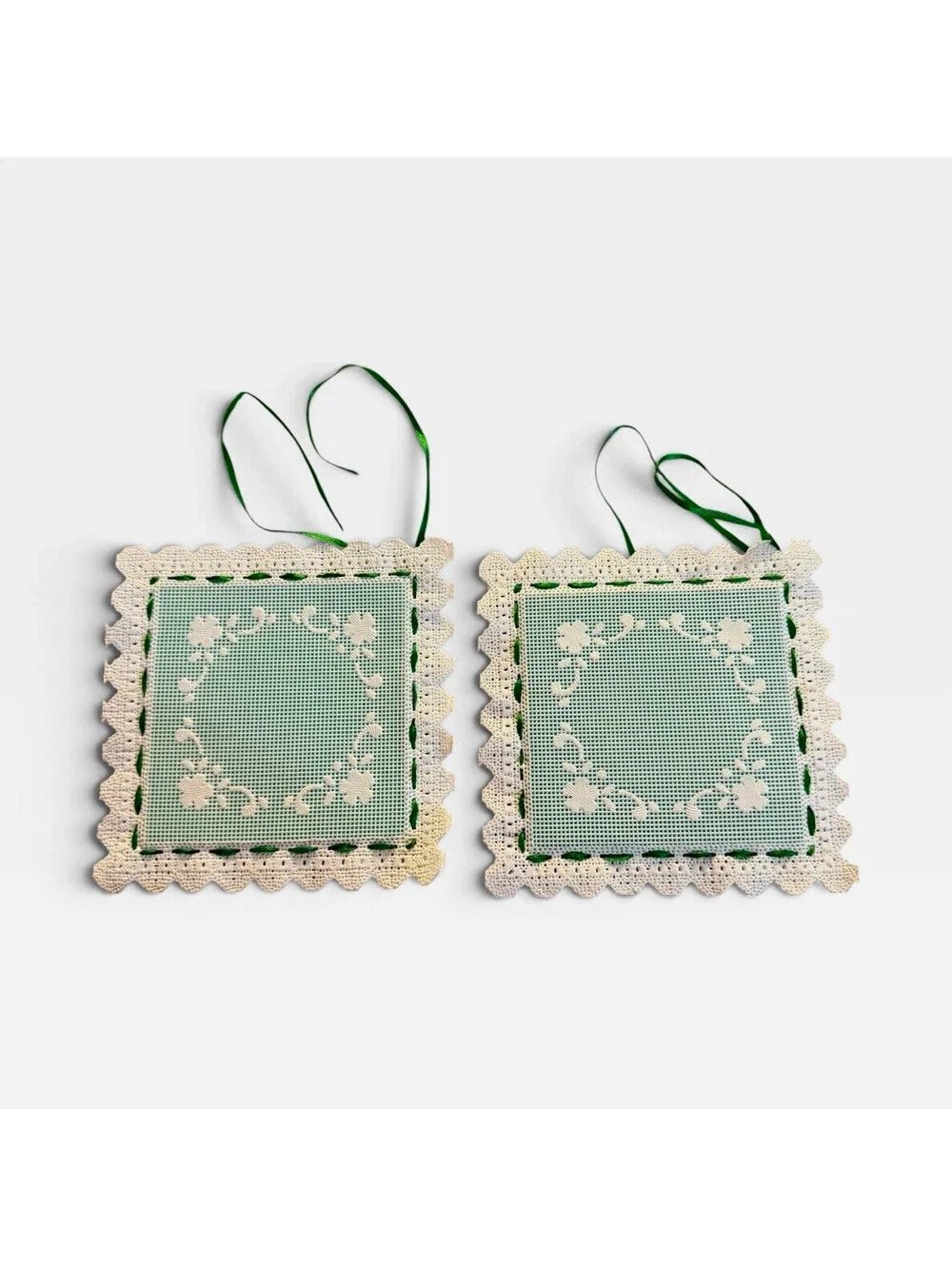 Set of 2 Green & White Square Floral Embroidered Linen Lace Doilies w/ Ribbon